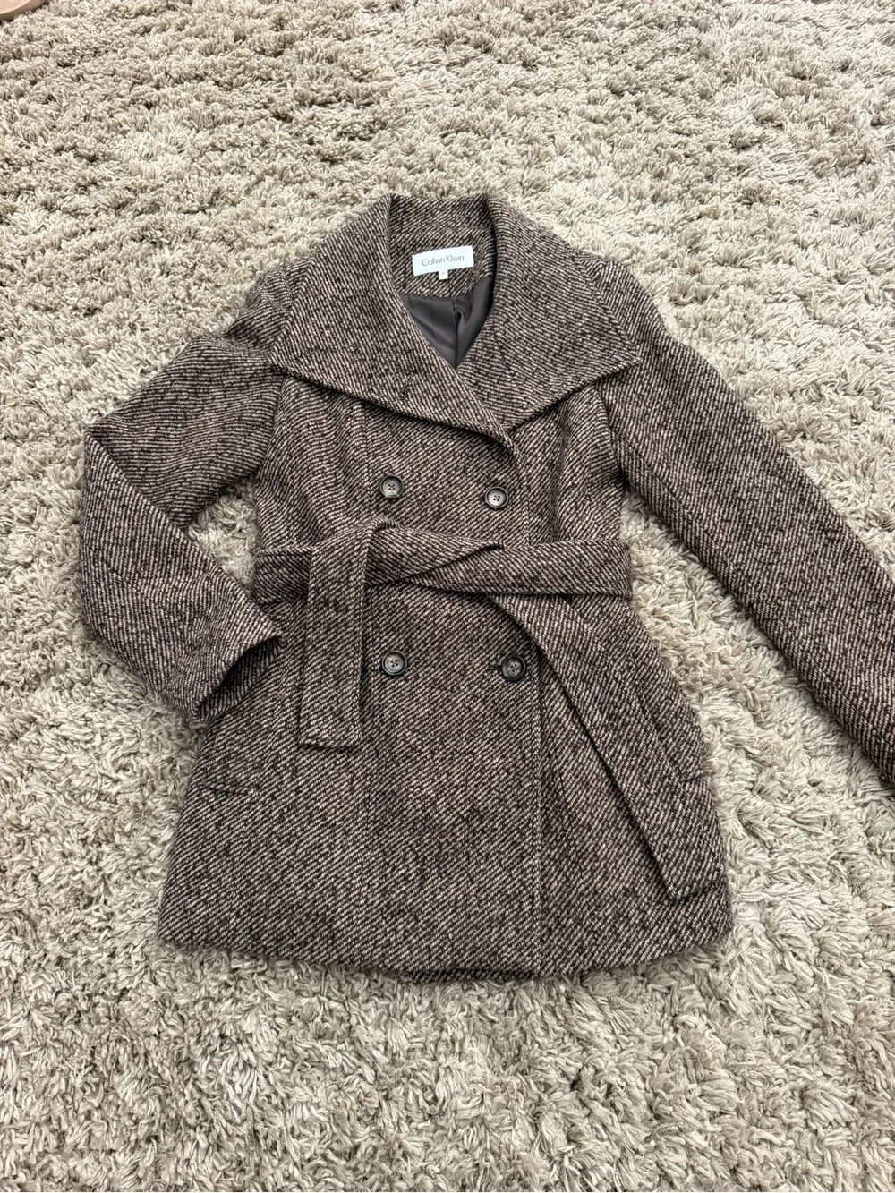 Calvin Klein Brown Tweed Double-Breasted Belted Peacoat